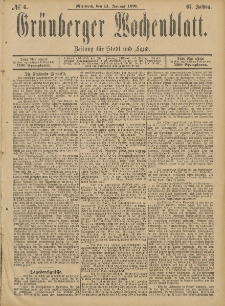Gr&uuml;nberger Wochenblatt: Zeitung f&uuml;r Stadt und Land, No. 6. (14. Januar 1891)