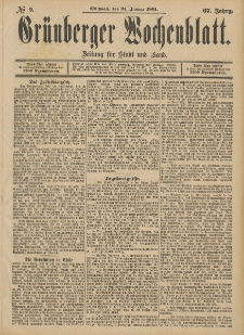 Gr&uuml;nberger Wochenblatt: Zeitung f&uuml;r Stadt und Land, No. 9. (21. Januar 1891)