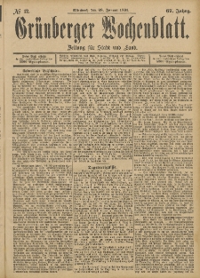Gr&uuml;nberger Wochenblatt: Zeitung f&uuml;r Stadt und Land, No. 12. (28. Januar 1891)