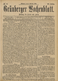 Gr&uuml;nberger Wochenblatt: Zeitung f&uuml;r Stadt und Land, No. 15. (4. Februar 1891)