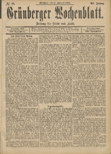 Gr&uuml;nberger Wochenblatt: Zeitung f&uuml;r Stadt und Land, No. 18. (11. Februar 1891)