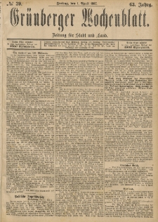 Gr&uuml;nberger Wochenblatt: Zeitung f&uuml;r Stadt und Land, No. 39. (1. April 1887)