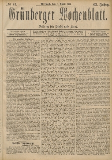 Gr&uuml;nberger Wochenblatt: Zeitung f&uuml;r Stadt und Land, No. 42. (8. April 1887)