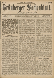 Grünberger Wochenblatt: Zeitung für Stadt und Land, No. 66. (3. Juni 1887)