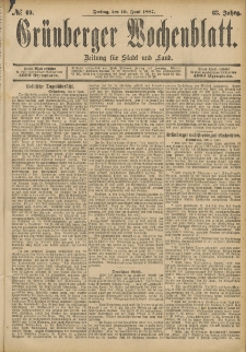 Grünberger Wochenblatt: Zeitung für Stadt und Land, No. 69. (10. Juni 1887)