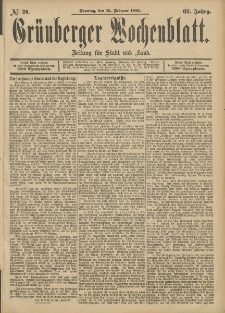Gr&uuml;nberger Wochenblatt: Zeitung f&uuml;r Stadt und Land, No. 20. (15. Februar 1891)