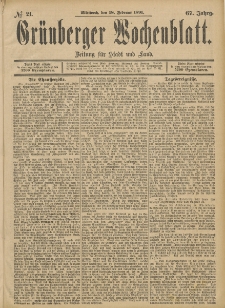 Gr&uuml;nberger Wochenblatt: Zeitung f&uuml;r Stadt und Land, No. 21. (18. Februar 1891)