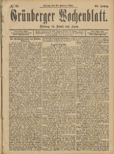 Gr&uuml;nberger Wochenblatt: Zeitung f&uuml;r Stadt und Land, No. 22. (20. Februar 1891)