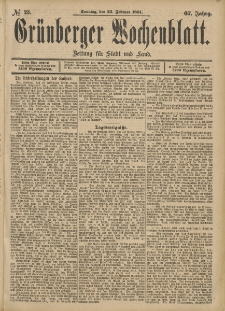Gr&uuml;nberger Wochenblatt: Zeitung f&uuml;r Stadt und Land, No. 23. (22. Februar 1891)