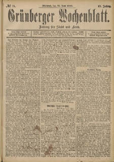 Grünberger Wochenblatt: Zeitung für Stadt und Land, No. 74. (22. Juni 1887)