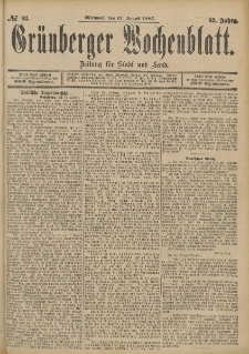 Grünberger Wochenblatt: Zeitung für Stadt und Land, No. 98. (17. August 1887)