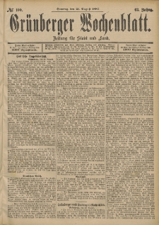 Grünberger Wochenblatt: Zeitung für Stadt und Land, No. 100. (21. August 1887)