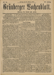 Gr&uuml;nberger Wochenblatt: Zeitung f&uuml;r Stadt und Land, No. 25. (27. Februar 1891)