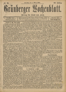 Gr&uuml;nberger Wochenblatt: Zeitung f&uuml;r Stadt und Land, No. 26. (1. M&auml;rz 1891)
