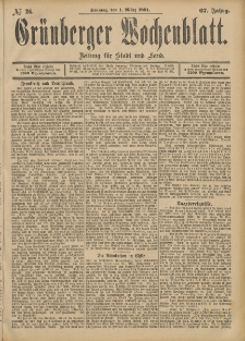 Grünberger Wochenblatt: Zeitung für Stadt und Land, No. 26. (1. März 1891)