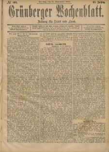 Gr&uuml;nberger Wochenblatt: Zeitung f&uuml;r Stadt und Land, No. 109. (11. September 1887)