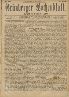Grünberger Wochenblatt: Zeitung für Stadt und Land, No. 109. (11. September 1887)
