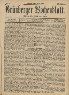Gr&uuml;nberger Wochenblatt: Zeitung f&uuml;r Stadt und Land, No. 27. (4. M&auml;rz 1891)
