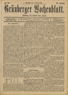 Gr&uuml;nberger Wochenblatt: Zeitung f&uuml;r Stadt und Land, No. 29. (8. M&auml;rz 1891)