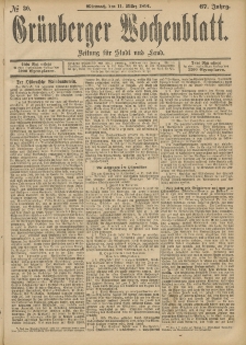 Gr&uuml;nberger Wochenblatt: Zeitung f&uuml;r Stadt und Land, No. 30. (11. M&auml;rz 1891)