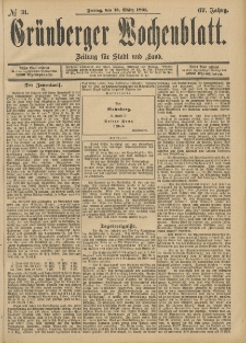 Gr&uuml;nberger Wochenblatt: Zeitung f&uuml;r Stadt und Land, No. 31. (13. M&auml;rz 1891)