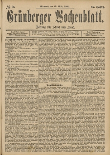 Gr&uuml;nberger Wochenblatt: Zeitung f&uuml;r Stadt und Land, No. 36. (25. M&auml;rz 1891)