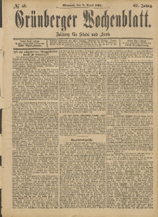 Grünberger Wochenblatt: Zeitung für Stadt und Land, No. 42. (8. April 1891)