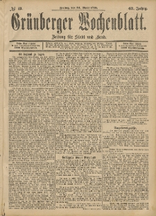 Gr&uuml;nberger Wochenblatt: Zeitung f&uuml;r Stadt und Land, No. 49. (24. April 1891)