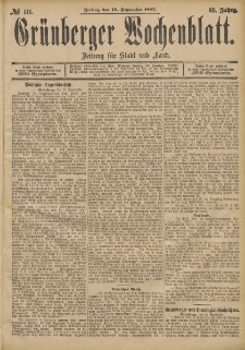 Gr&uuml;nberger Wochenblatt: Zeitung f&uuml;r Stadt und Land, No. 111. (16. September 1887)
