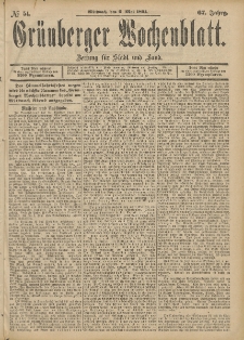 Gr&uuml;nberger Wochenblatt: Zeitung f&uuml;r Stadt und Land, No. 54. (6. Mai 1891)