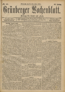 Gr&uuml;nberger Wochenblatt: Zeitung f&uuml;r Stadt und Land, No. 113. (21. September 1887)