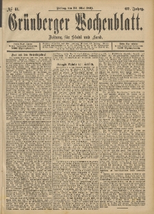 Gr&uuml;nberger Wochenblatt: Zeitung f&uuml;r Stadt und Land, No. 61. (22. Mai 1891)