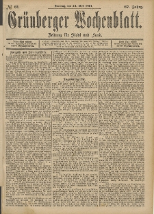 Gr&uuml;nberger Wochenblatt: Zeitung f&uuml;r Stadt und Land, No. 62. (24. Mai 1891)