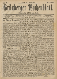 Gr&uuml;nberger Wochenblatt: Zeitung f&uuml;r Stadt und Land, No. 67. (5. Juni 1891)