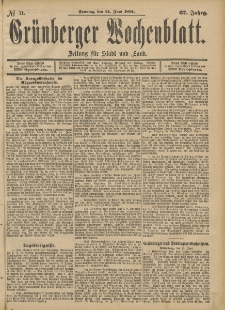 Gr&uuml;nberger Wochenblatt: Zeitung f&uuml;r Stadt und Land, No. 71. (14. Juni 1891)