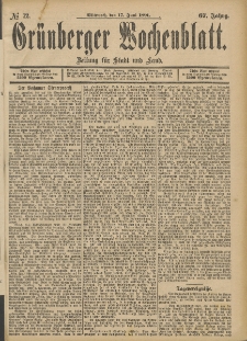 Gr&uuml;nberger Wochenblatt: Zeitung f&uuml;r Stadt und Land, No. 72. (17. Juni 1891)