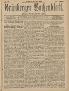 Gr&uuml;nberger Wochenblatt: Zeitung f&uuml;r Stadt und Land, No. 73. (19. Juni 1891)