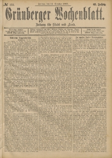 Grünberger Wochenblatt: Zeitung für Stadt und Land, No. 123. (14. October 1887)