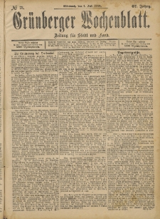 Gr&uuml;nberger Wochenblatt: Zeitung f&uuml;r Stadt und Land, No. 78. (1. Julii 1891)