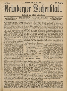 Gr&uuml;nberger Wochenblatt: Zeitung f&uuml;r Stadt und Land, No. 84. (15. Julii 1891)