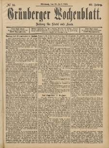 Grünberger Wochenblatt: Zeitung für Stadt und Land, No. 84. (15. Julii 1891)