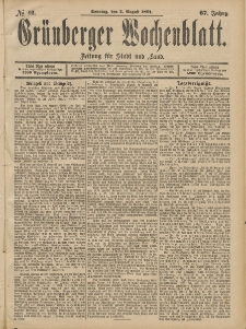 Gr&uuml;nberger Wochenblatt: Zeitung f&uuml;r Stadt und Land, No. 92. (2. August 1891)