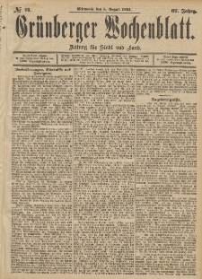 Gr&uuml;nberger Wochenblatt: Zeitung f&uuml;r Stadt und Land, No. 93. (5. August 1891)