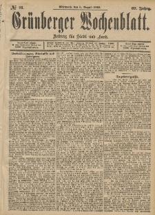 Grünberger Wochenblatt: Zeitung für Stadt und Land, No. 93. (5. August 1891)