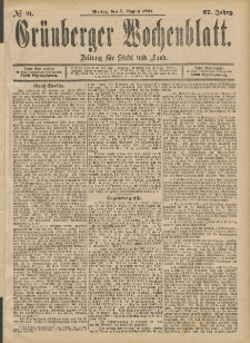 Gr&uuml;nberger Wochenblatt: Zeitung f&uuml;r Stadt und Land, No. 94. (7. August 1891)