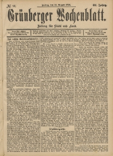 Gr&uuml;nberger Wochenblatt: Zeitung f&uuml;r Stadt und Land, No. 97. (14. August 1891)