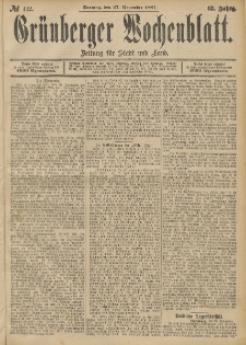 Grünberger Wochenblatt: Zeitung für Stadt und Land, No. 142. (27. November 1887)