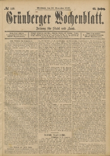 Gr&uuml;nberger Wochenblatt: Zeitung f&uuml;r Stadt und Land, No. 149. (14. December 1887)