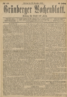 Gr&uuml;nberger Wochenblatt: Zeitung f&uuml;r Stadt und Land, No. 153. (23. December 1887)