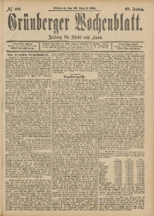 Gr&uuml;nberger Wochenblatt: Zeitung f&uuml;r Stadt und Land, No. 102. (26. August 1891)